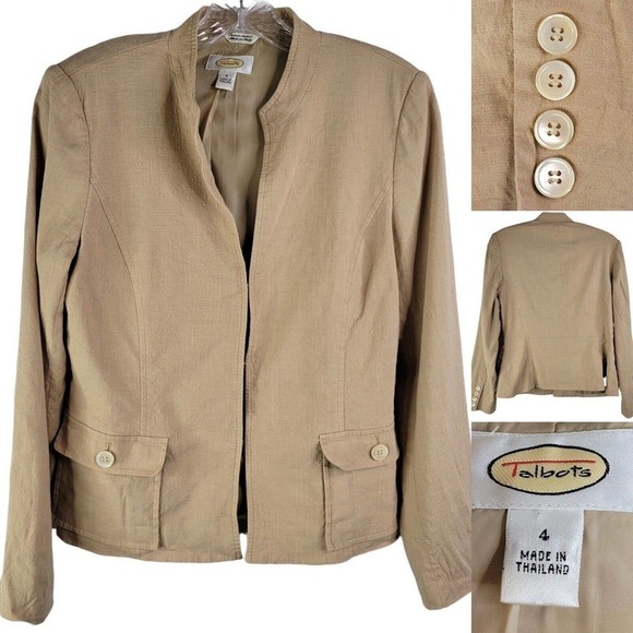Talbots Linen Womens 4 Blazer Italian Fabric Blend Pockets Tan Beige - Picture 1 of 9